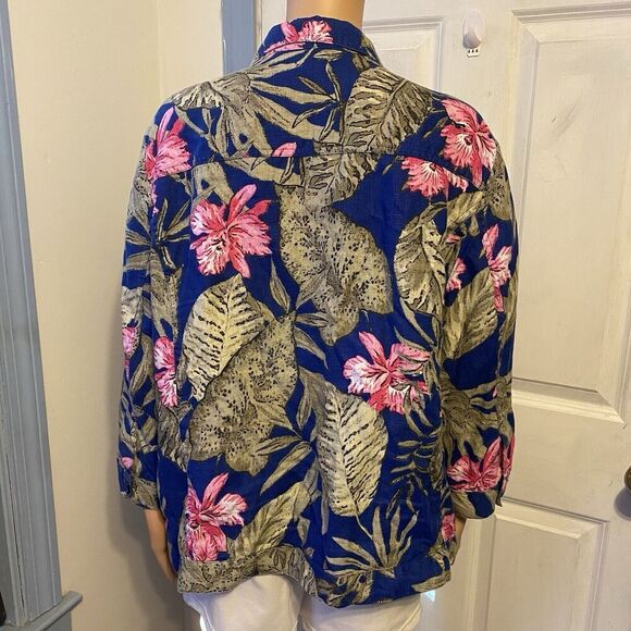 Chico's Linen Women Button Front Shirt Jacket Top Sz 3/XL Floral Blue Pocket - Picture 9 of 9